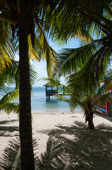 Small Wooden Hut on stilts in the sea at white sand beach hiding behind palm trees