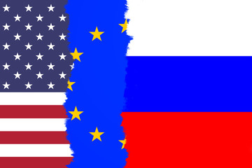 Russia, USA and EU torn flag. Conceptual and symbolic illustration of the situation between Russia, USA and EU. 