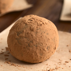 Homemade rum ball covered with cocoa powder on brown paper, photographed with natural light (Selective Focus, Focus on the front of the ball)
