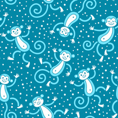 Seamless pattern with monkeys playing in snow winter. Vector illustration