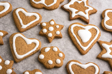 Christmas traditional gingerbread homemade cookies with white frosting