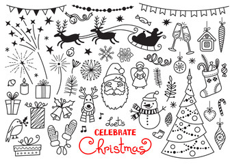 Christmas doodle set of characters and decorations. Freehand vector drawings isolated over white background