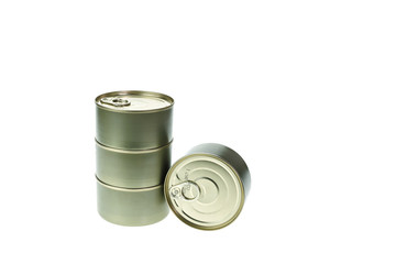 Stack of food tin can isolated on white