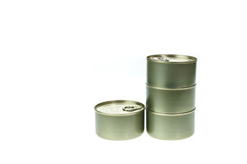 Stack of food tin can isolated on white