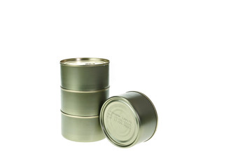 Stack of food tin can isolated on white