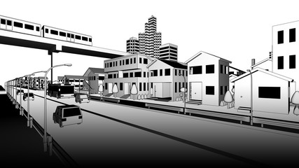Fototapeta na wymiar モノトーンの住宅街と新交通システムと車道の風景