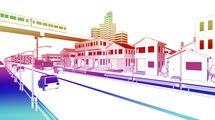 カラフルな線画の住宅街と新交通システムと車道の風景