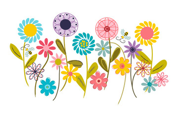 Wall art, nursery or children's room art. Kids decor. Wall sticker. Whimsical wildflower garden with bees. Wall sticker, wallpaper.