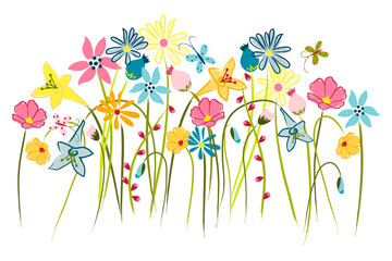 Wall art, nursery or children's room art. Kids decor. Wall sticker, wallpaper. Whimsical wildflower garden with butterflies. 