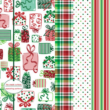 Christmas, holiday seamless pattern set. Repeating patterns for gift wrap, cards, gift tags, bags, decorations and more. Red and green gift boxes. Plaid, polka dot and stripe coordinating prints.