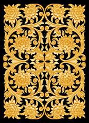 Pattern of flower wooden carved on black background.