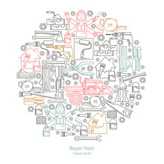 Fototapeta premium Linear repair tools icons in circle