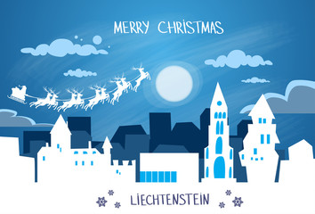 Santa Claus Sleigh Reindeer Fly Sky over Liechtenstein Silhouette Night
