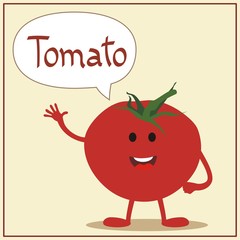 cartoon smiling tomato with bubble speech