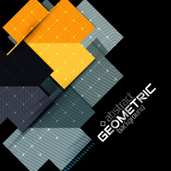 Colorful geometric shapes with texture on black. Modern futuristic abstract design template