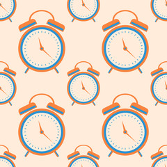 Seamless vector pattern. Symmetrical background with orange closeup alarm clocks on the light background.