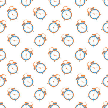 Seamless vector pattern. Background with orange alarm clocks on the light background.