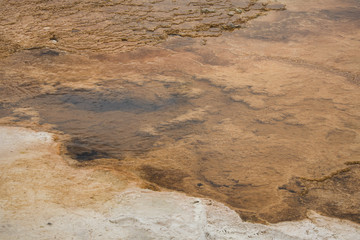 Orange geothermal pool and carbonate rock at Yellowstone National Park, Wyoming.
