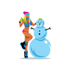 Vector Girl and Snowman Cartoon Illustration.