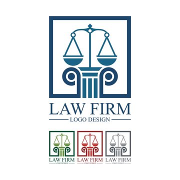 Law, Lawyer, Attorney, Pillar, Legas Scales, Square Design Logo Vector