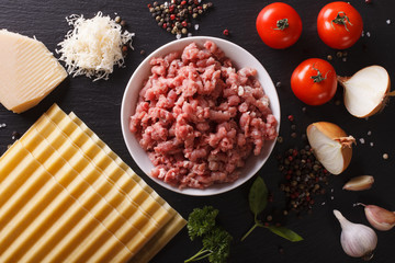 ingredients for cooking Italian lasagna close-up. Horizontal top view
