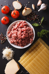 ingredients for cooking Italian lasagna close-up. vertical top view
