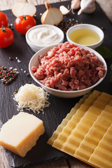 Cooking Italian lasagna. Ingredients closeup. vertical