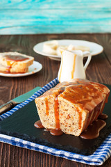 Banana bread with caramel sauce