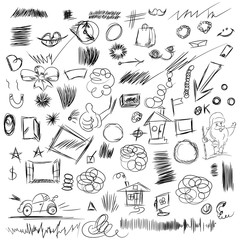 Pencil sketches.Hand drawn scribble shapes, santa claus, package