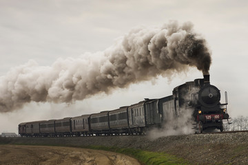 vintage black steam train - obrazy, fototapety, plakaty