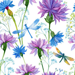 seamless pattern. watercolor blue flowers and dragonflies © mitrushova
