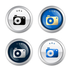 Camera or photography seals or icons with camera symbol. Glossy silver seals or buttons.