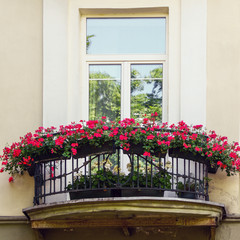 Fototapeta na wymiar Residential house balcony with red flowers at summer