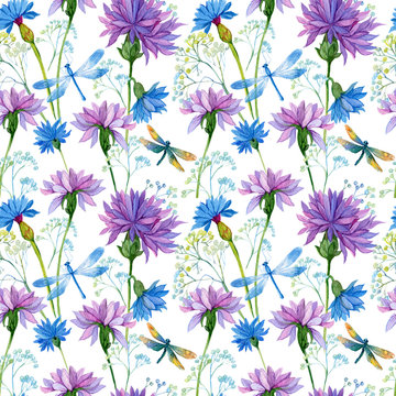 Fototapeta seamless pattern. watercolor blue flowers and dragonflies