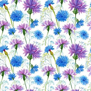 Fototapeta seamless pattern. watercolor blue flowers 