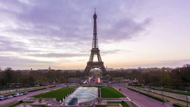 4K timelapse of Paris at sunrise with the Eiffel Tower at the Trocadero gardens