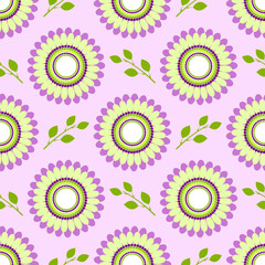Seamless floral vector pattern, symmetrical background with colorful flowers and green leaves, over light violet backdrop