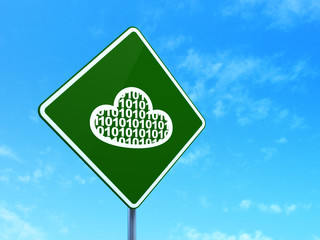 Cloud technology concept: Cloud With Code on road sign background