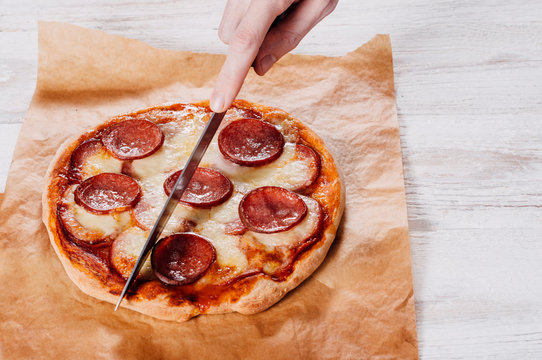 Baked Homemade Pizza On Baking Paper