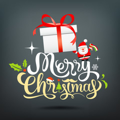 Merry Christmas greeting card lettering gift box, santa claus
