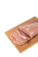 Raw piece of meat on a wooden board on a white background