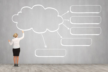 Business woman drawing on the wall.
