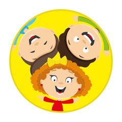 The happy faces of friends in a yellow circle