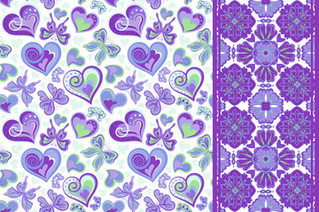 Vector pattern set with butterflies, hearts and seamless border ,ribbon strip band. Hand draw floral illustration. Valentines day