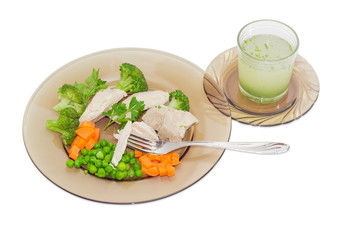 Dietary dish of boiled meat and vegetables and broth