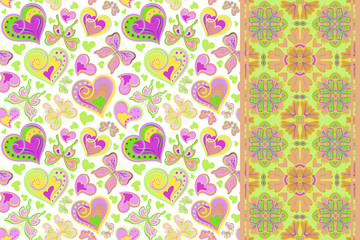 Vector pattern set with butterflies, hearts and seamless border ,ribbon strip band. Hand draw floral illustration. Valentines day