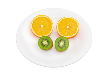 Fototapeta na wymiar Two halves of orange and two halves of kiwifruit