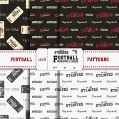 Set of american football patterns. Usa sports seamless background collection. Sport wallpaper with ticket in monochrome and color design. Vector soccer equipment graphic. Sketch, hand drawn style