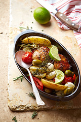 Oven-roasted chicken and vegetables with herbs
