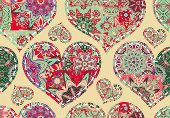 Seamless Valentine's Day pattern with pastel patchwork hearts.